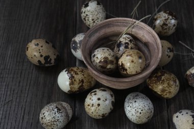 Toprak kap koyu arka plan üzerinde bıldırcın yumurtası