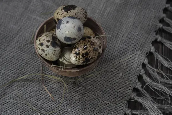 Huevos de codorniz en olla de barro sobre fondo oscuro — Foto de Stock