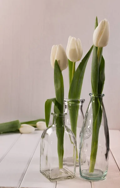 Trois bouteilles en verre avec tulipes — Photo