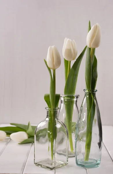 Trois bouteilles en verre avec tulipes — Photo