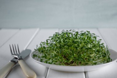 Garden cress çatal ve bıçak beyaz tabakta. Sağlıklı vejetaryen yemek.
