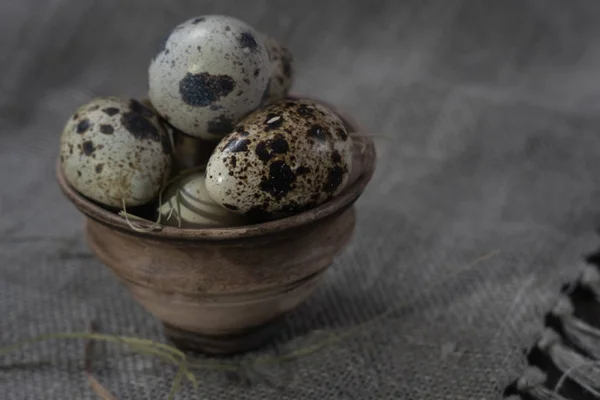 Huevos de codorniz en olla de barro sobre fondo oscuro . — Foto de Stock