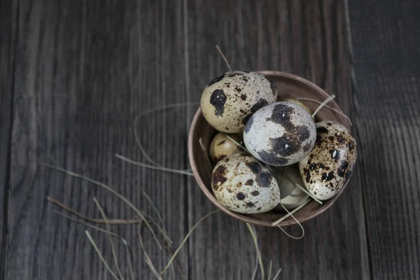 Quail eggs in clay pot on dark background. — Stock Photo, Image