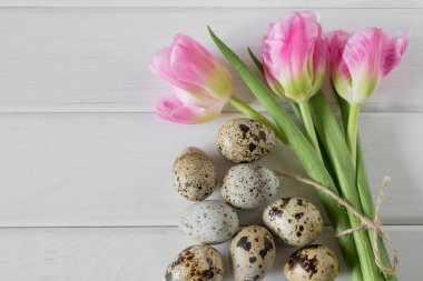 Arka plan Paskalya yumurtaları ve Pembe Lale ile tebrik bahar.