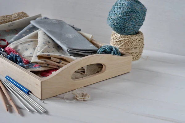 Set of fabric, ribbons and tools for sewing and needlework — Stock Photo, Image