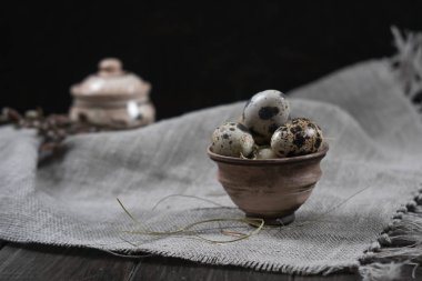 Toprak kap içinde bıldırcın yumurtası. Eko ürünler