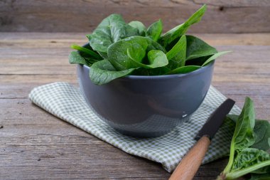 Rustik zemin hazır salata üzerine kase taze Bahçe Organik ıspanak. 