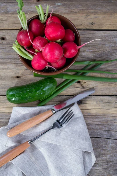Ingredience pro vitamín jarní salát: zelené cibule, ředkvičky, okurka, zakysaná smetana — Stock fotografie