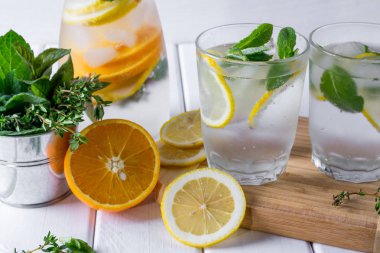 Maden suyu bir limonlu dilimler ve nane 