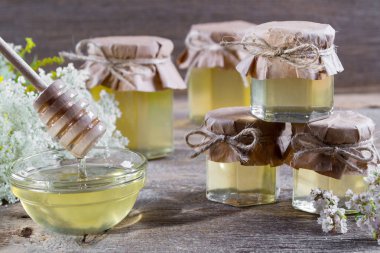 Beyaz masa üzerinde bir kavanoz, çiçekler ve bal ayı'yı tatlım