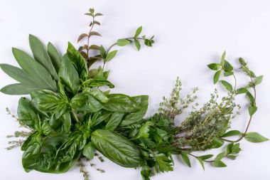 Beyaz arka planda, üstten Görünüm paketi tasarım olarak izole kompozisyon otlar (fesleğen, nane, kekik, adaçayı, maydanoz) 