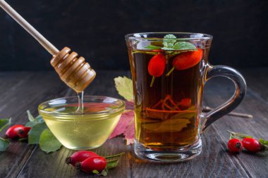 Sağlıklı sonbahar çay şube meyveleri koyu arka plan üzerinde ile köpek Güllü.