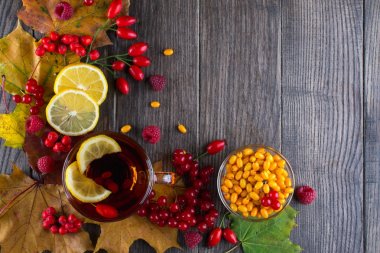  Çay sonbahar çilek deniz topalak, kartopu, Kuşburnu, rowan ve sonbahar yaprakları. 