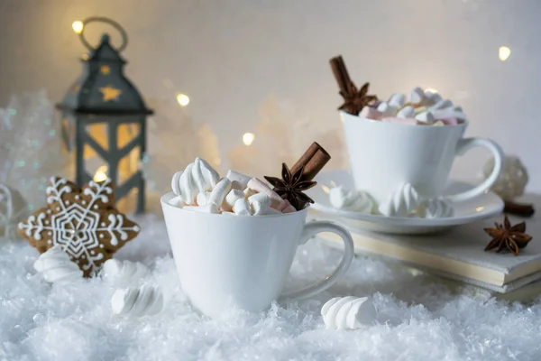 Verschwommener Hintergrund von Winterfrost und Weihnachtsschokolade Gewürzgetränk mit Keksen — Stockfoto