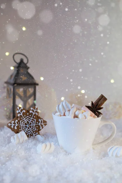 Blurred background of winter frost and Christmas chocolate spice beverage with cookies — Stock Photo, Image