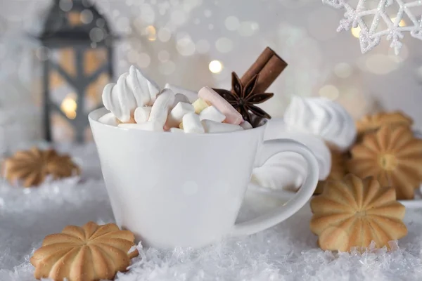 Xícara de feriado de cacau com marshmallow ou café com especiarias e biscoitos caseiros — Fotografia de Stock