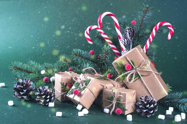 Vánoční Nebo Novoroční Karta Pohár Jedlí Candy Hole Balení Dárků — Stock fotografie