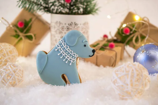 Noel ve yeni yıl kartı. Bir köpek şeklinde kurabiyeler. Yeni yıl parlak dekorasyon ve armağan üstünde açık renkli ışıklar ile.