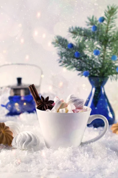 Cup Hot Cocoa Marshmallow Coffee Cinnamon Sweet Cookies Snow Background — Stock Photo, Image