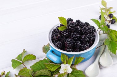 Blackberry dal yaprak ve böğürtlen beyaz masa üzerinde mavi bir seramik kase ile kompozisyon. 