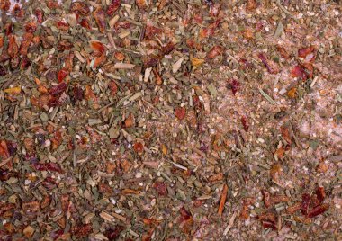 Doku arka plan. Pizza Çeşnilik baharat karışımı. . Kurutulmuş kırmızı biber biber karabiber fesleğen kişniş soğan sarımsak kurutulmuş sebze baharat oluşur