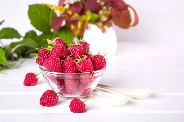 Red Fresh Raspberries Glass Bowl Raspberry Jam Green Leaves White — Stock Photo, Image