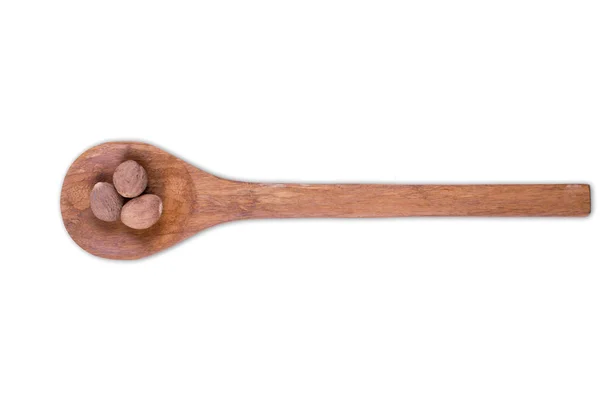 Whole Nutmeg Wooden Spoon Isolated White Background — Stock Photo, Image