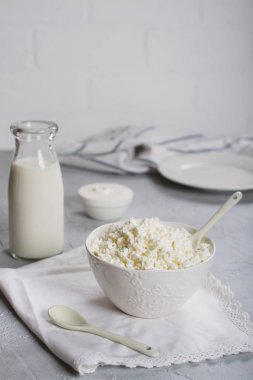 Organik çiftçi taze süt ve süt ürünleri: süt, süzme peynir, ekşi krema. Gri beton zemin üzerine.