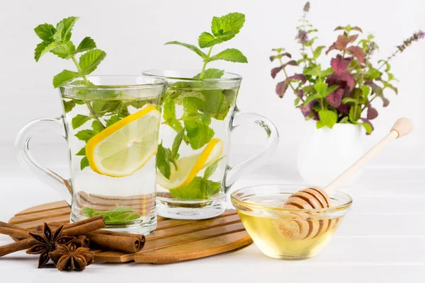 Two Glass Cups Fresh Mint Tea Lemon Bunch Mint Vase — Stock Photo, Image