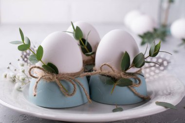 Paskalya Festival tablo ayarını beyaz tavuk yumurta yumurta bardak, okaliptüs yaprağı dal ile. Bir gri beton zemin üzerinde.