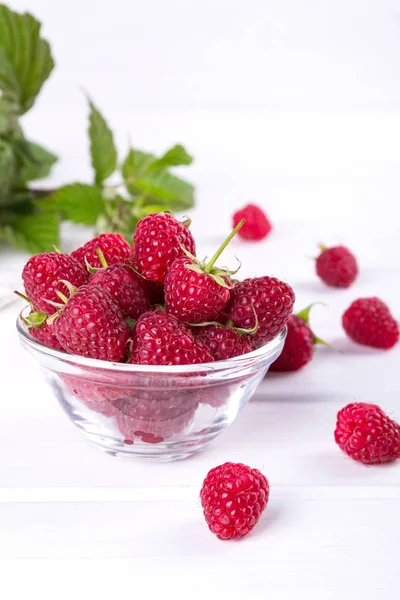Red Fresh Raspberries Glass Bowl Green Leaves White Background — Stock Photo, Image