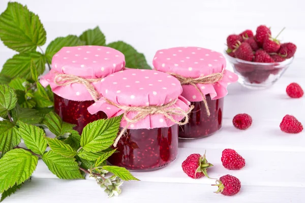 Raspberry Jam Glass Jar Fresh Ripe Raspberry Green Leaves White — Stock Photo, Image