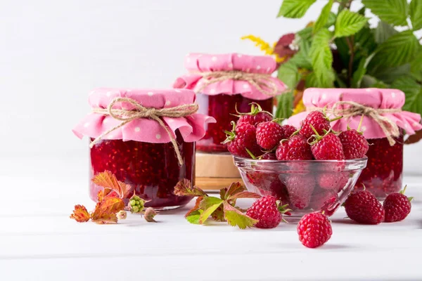 Preserved Berry Glass Jar Homemade Raspberry Jam White Background — Stock Photo, Image