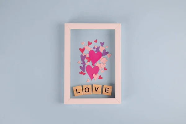 Word Love Hearts Blue Background Valentine Day Background Valentines Day — Stock Photo, Image