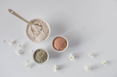 Beyaz arkaplanda farklı kozmetik çamur tozları.