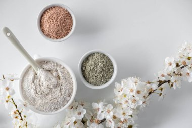 Beyaz arkaplanda farklı kozmetik çamur tozları.