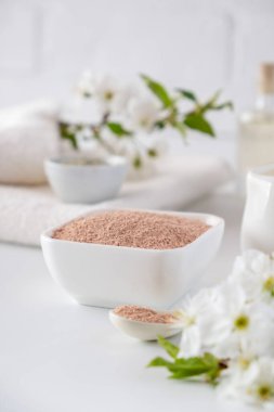 Kırmızı kil tozlu seramik kase, ev yapımı yüz ve vücut maskesi için malzemeler ya da fırça ve beyaz arka planda çiçek açan kiraz filizleri. Spa ve vücut bakımı kavramı.