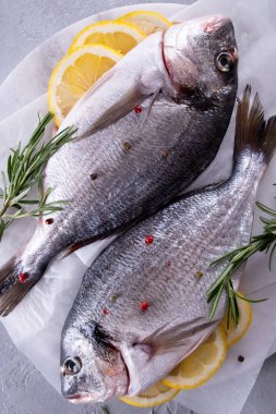 Gri arka planda lezzetli taze balık. Aromatik otlu, baharatlı ve limonlu balık - sağlıklı yiyecek, diyet veya aşçılık konsepti 