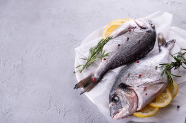 Gri arka planda lezzetli taze balık. Aromatik otlu, baharatlı ve limonlu balık - sağlıklı yiyecek, diyet veya aşçılık konsepti 