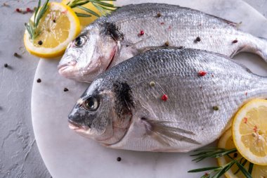 Limon dilimleriyle süslenmiş taze çiğ balık, gri arka planda bitkiler. Sağlıklı gıda kavramı, üst görünüm, kopyalama alanı