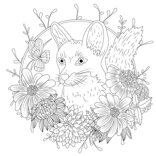 Stylized Cartoon Wild Fox Animal And Violet Flowers Freehand Sketch For Adult Anti Stress Coloring