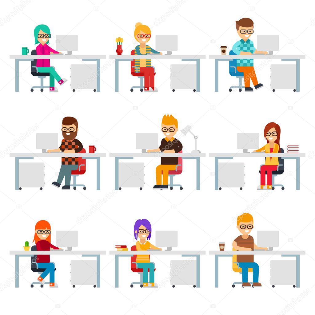 Hardworking creative people work in the office with computers vector flat design. Funny office workers are in workplaces. Men and women are in colorful clothes at work