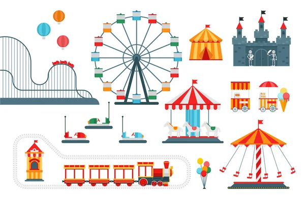 Parque de atracciones vector elementos planos aislados sobre fondo blanco — Vector de stock