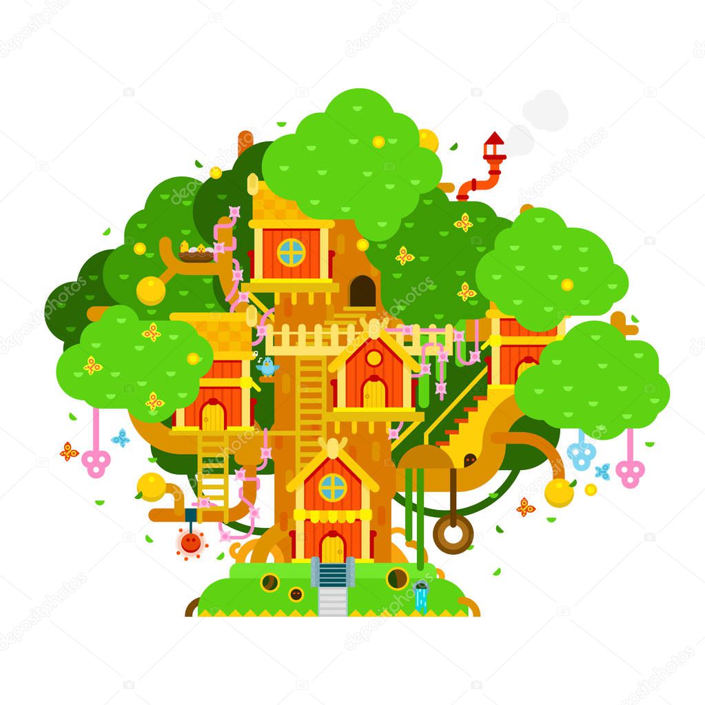 Children treehouse colorful vector illustration with houses,