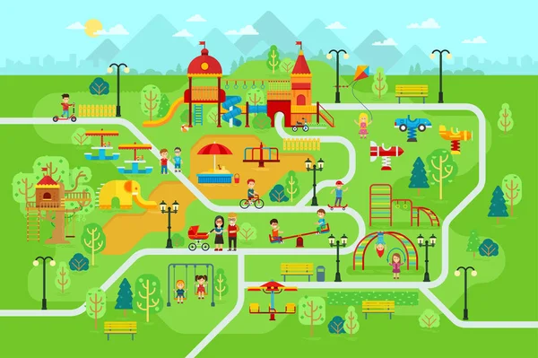 Parque infantil en el parque con personas y atracciones para niños vector ilustración plana — Vector de stock