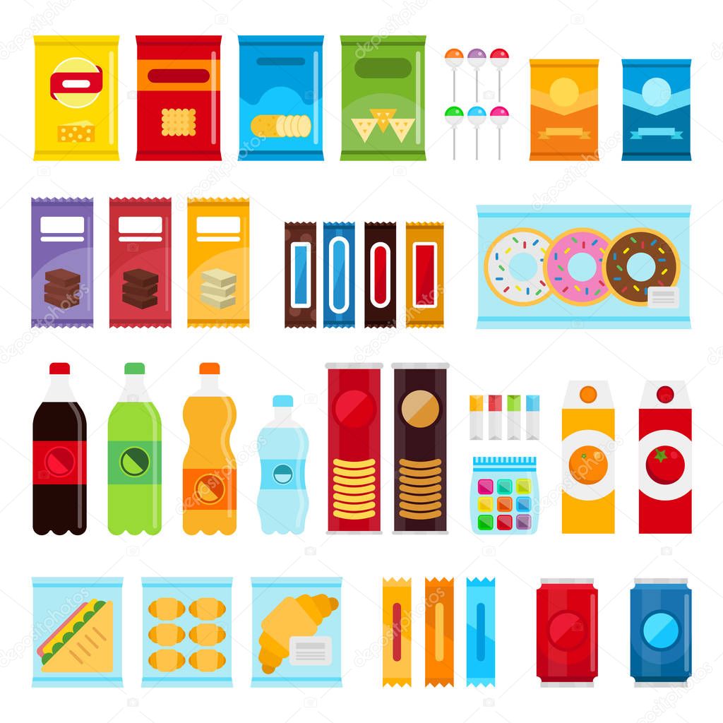 Vending machine product items set. Vector flat illustration.