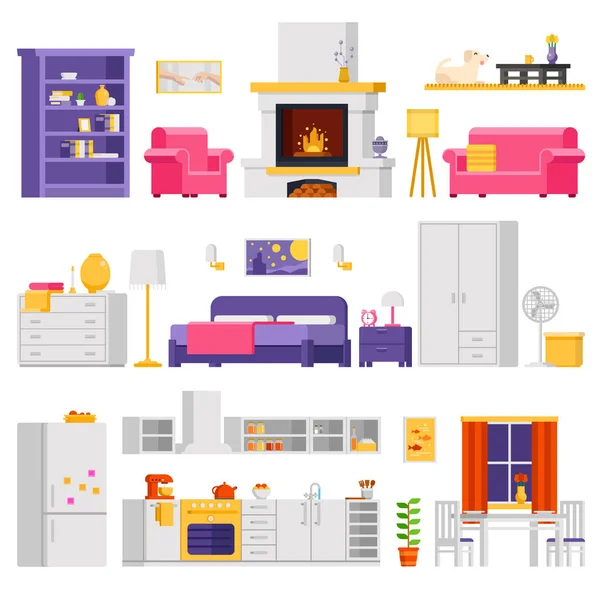 Vector cozy interior set of furniture and room elements in flat design for infographic design and banners. — Stock Vector