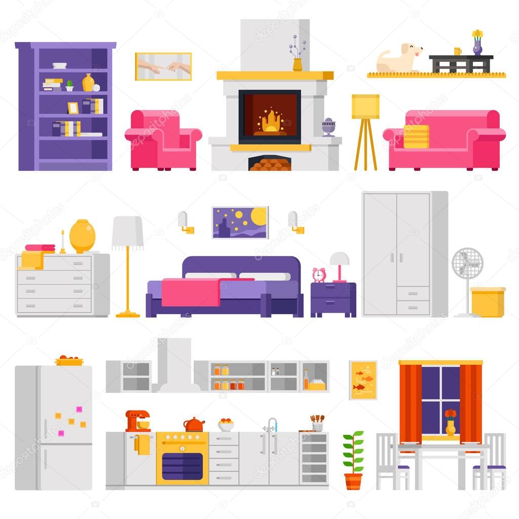 Vector cozy interior set of furniture and room elements in flat design for infographic design and banners.