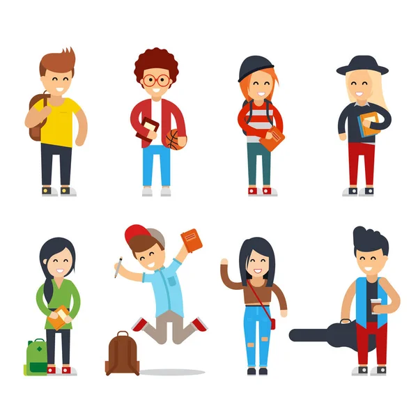 Young students cartoon characters. Happy people vector set. — Stock Vector