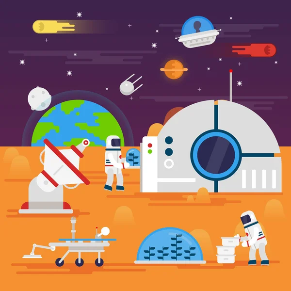 Besiedelung des Mars. Raumlandschaft, Rover, Astronaut, Erde, — Stockvektor